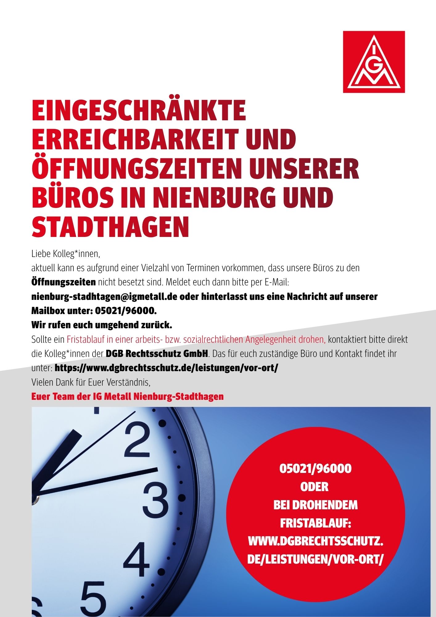 Eingeschränkte Öffnungszeiten