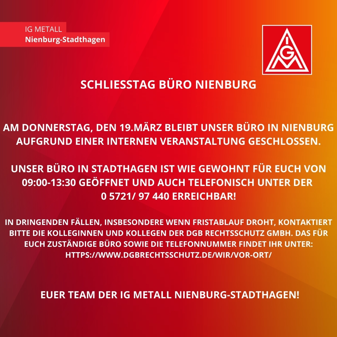 Schließtag Nienburg am 19.03.2026