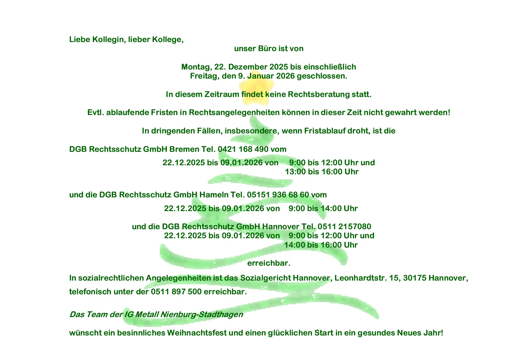 Wir haben geschlossen vom 22.12.2025-09.01.2026